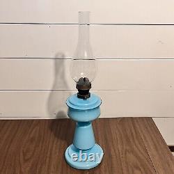 Antique Oil Lamp Blue Hand Blown Glass 19th Century Kerosene Lantern Opaline