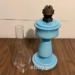 Antique Oil Lamp Blue Hand Blown Glass 19th Century Kerosene Lantern Opaline