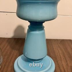 Antique Oil Lamp Blue Hand Blown Glass 19th Century Kerosene Lantern Opaline