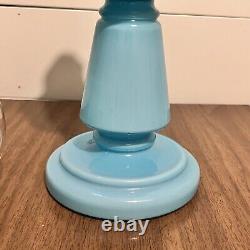 Antique Oil Lamp Blue Hand Blown Glass 19th Century Kerosene Lantern Opaline