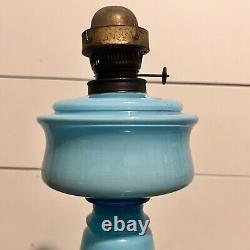 Antique Oil Lamp Blue Hand Blown Glass 19th Century Kerosene Lantern Opaline
