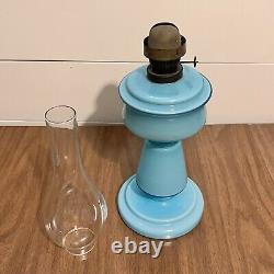 Antique Oil Lamp Blue Hand Blown Glass 19th Century Kerosene Lantern Opaline