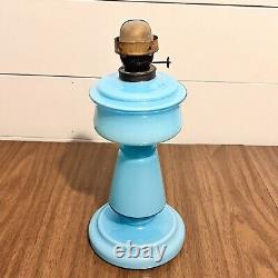 Antique Oil Lamp Blue Hand Blown Glass 19th Century Kerosene Lantern Opaline