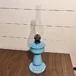 Antique Oil Lamp Blue Hand Blown Glass 19th Century Kerosene Lantern Opaline