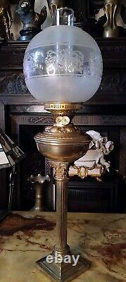 Antique Oil Lamp Brass Corinthian Colum Base Glass Etched Globe Shade 28.5