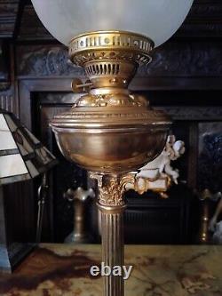 Antique Oil Lamp Brass Corinthian Colum Base Glass Etched Globe Shade 28.5