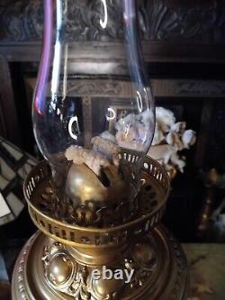 Antique Oil Lamp Brass Corinthian Colum Base Glass Etched Globe Shade 28.5