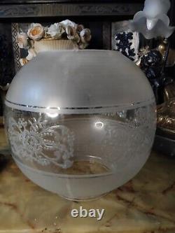 Antique Oil Lamp Brass Corinthian Colum Base Glass Etched Globe Shade 28.5