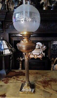Antique Oil Lamp Brass Corinthian Colum Base Glass Etched Globe Shade 28.5