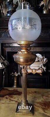 Antique Oil Lamp Brass Corinthian Colum Base Glass Etched Globe Shade 28.5