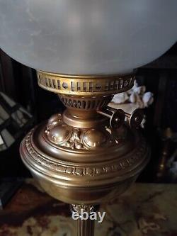 Antique Oil Lamp Brass Corinthian Colum Base Glass Etched Globe Shade 28.5