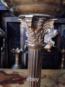 Antique Oil Lamp Brass Corinthian Colum Base Glass Etched Globe Shade 28.5
