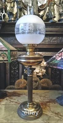 Antique Oil Lamp Brass Corinthian Column Brass Font Etched Victorian Shade 30