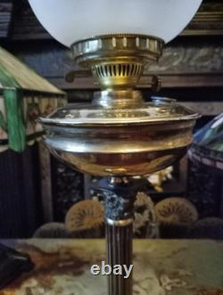 Antique Oil Lamp Brass Corinthian Column Brass Font Etched Victorian Shade 30