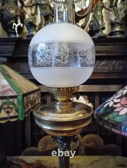 Antique Oil Lamp Brass Corinthian Column Brass Font Etched Victorian Shade 30