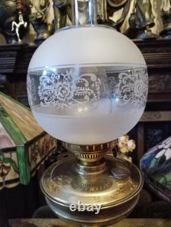 Antique Oil Lamp Brass Corinthian Column Brass Font Etched Victorian Shade 30