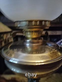 Antique Oil Lamp Brass Corinthian Column Brass Font Etched Victorian Shade 30