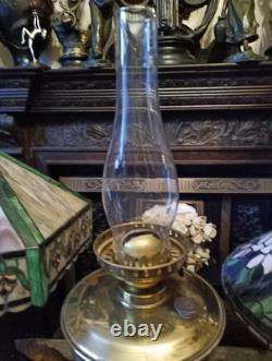 Antique Oil Lamp Brass Corinthian Column Brass Font Etched Victorian Shade 30