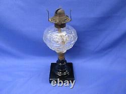 Antique Oil Lamp Clear / Black / Brass Queen Anne Burner EAPG Stars Circles