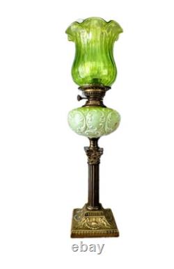 Antique Oil Lamp Early Victorian Larva Green British Duplex Burner, Beautiful
