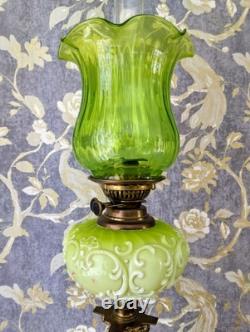 Antique Oil Lamp Early Victorian Larva Green British Duplex Burner, Beautiful