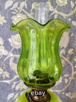 Antique Oil Lamp Early Victorian Larva Green British Duplex Burner, Beautiful