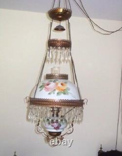 Antique Oil Lamp Fixture ROSES CEILING PENDANT VICTORIAN Crystal Prisms Hanging