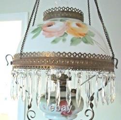 Antique Oil Lamp Fixture ROSES CEILING PENDANT VICTORIAN Crystal Prisms Hanging