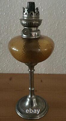 Antique Oil Lamp, French, Restoration, Decoration. Amber Glass/Metal