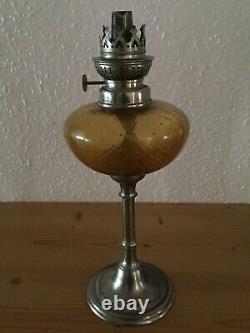 Antique Oil Lamp, French, Restoration, Decoration. Amber Glass/Metal