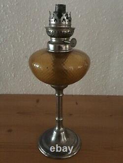 Antique Oil Lamp, French, Restoration, Decoration. Amber Glass/Metal