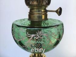 Antique Oil Lamp Green Enamelled Glass Font Ecla Centre Draught Burner