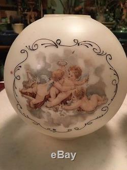 Antique Oil Lamp Light Glass Shade Gone With The Wind GWTW Cherub Angel Vtg