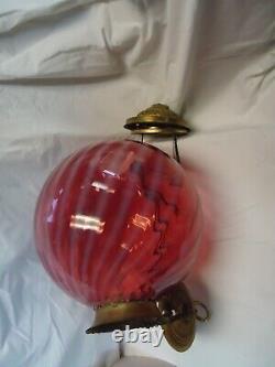 Antique Oil Lamp Parlor Hanging Pull Down Opalescent Cranberry Swirl 1800's