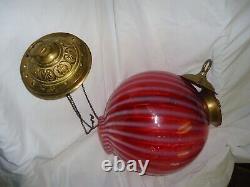 Antique Oil Lamp Parlor Hanging Pull Down Opalescent Cranberry Swirl 1800's