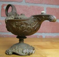 Antique Oil Lamp Thick Bronze Brass Genie Face Scrollwork Ornate Decorative Arts