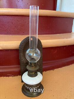 Antique Oil Lamp Tin Holder Milk Glass Oil Font All Original Wall Hang or Sit