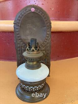 Antique Oil Lamp Tin Holder Milk Glass Oil Font All Original Wall Hang or Sit