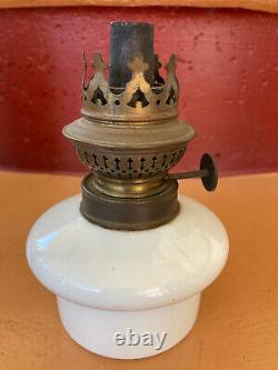 Antique Oil Lamp Tin Holder Milk Glass Oil Font All Original Wall Hang or Sit