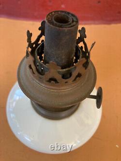 Antique Oil Lamp Tin Holder Milk Glass Oil Font All Original Wall Hang or Sit
