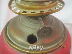 Antique Oil Lamp red satin glass globe Poppies brass base electrified