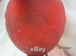 Antique Oil Lamp red satin glass globe Poppies brass base electrified