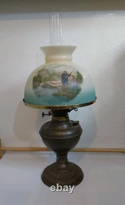 Antique Oil Lamp withCurrie & Ives Hunting Shade-Fishing & Deer Hunting 23 X 10.25