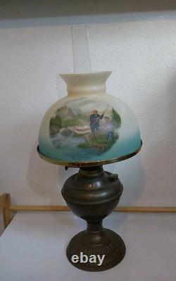 Antique Oil Lamp withCurrie & Ives Hunting Shade-Fishing & Deer Hunting 23 X 10.25