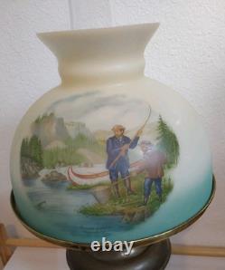 Antique Oil Lamp withCurrie & Ives Hunting Shade-Fishing & Deer Hunting 23 X 10.25