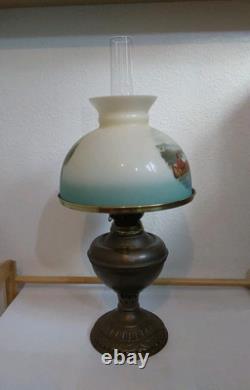 Antique Oil Lamp withCurrie & Ives Hunting Shade-Fishing & Deer Hunting 23 X 10.25