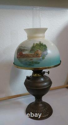 Antique Oil Lamp withCurrie & Ives Hunting Shade-Fishing & Deer Hunting 23 X 10.25
