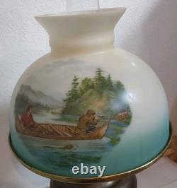Antique Oil Lamp withCurrie & Ives Hunting Shade-Fishing & Deer Hunting 23 X 10.25