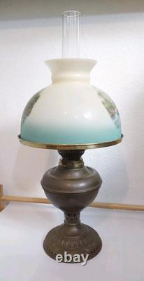 Antique Oil Lamp withCurrie & Ives Hunting Shade-Fishing & Deer Hunting 23 X 10.25