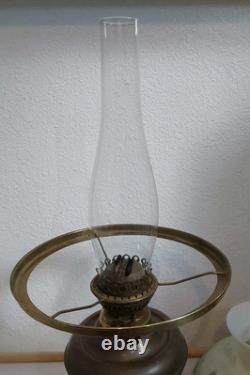 Antique Oil Lamp withCurrie & Ives Hunting Shade-Fishing & Deer Hunting 23 X 10.25